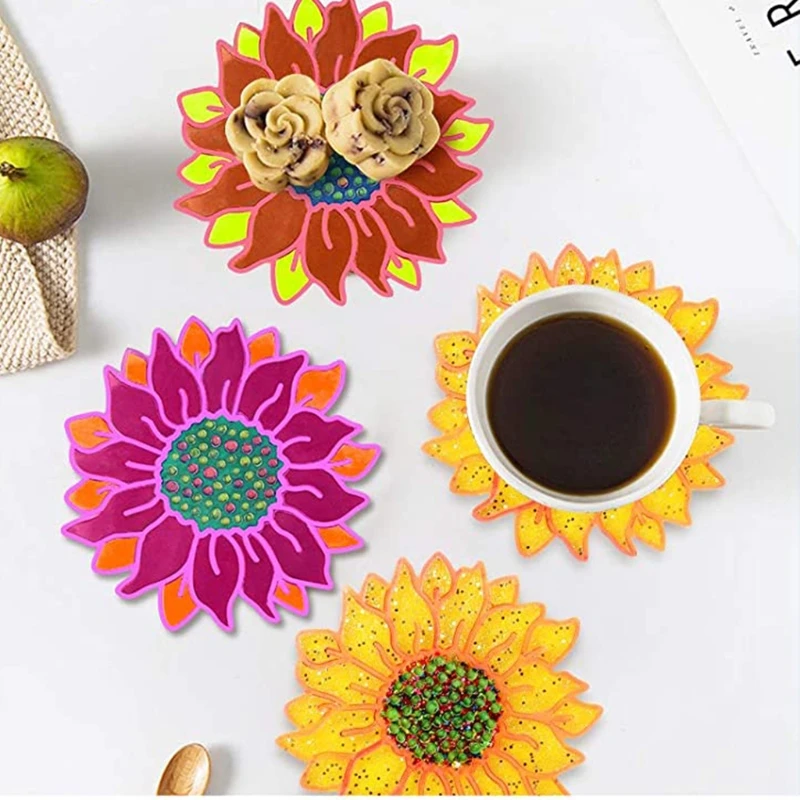 

2 Pcs Sun Flower Tray Epoxy Resin Mold Serving Plate Casting Silicone Mould DIY Crafts Cup Mat Coaster Making Tool