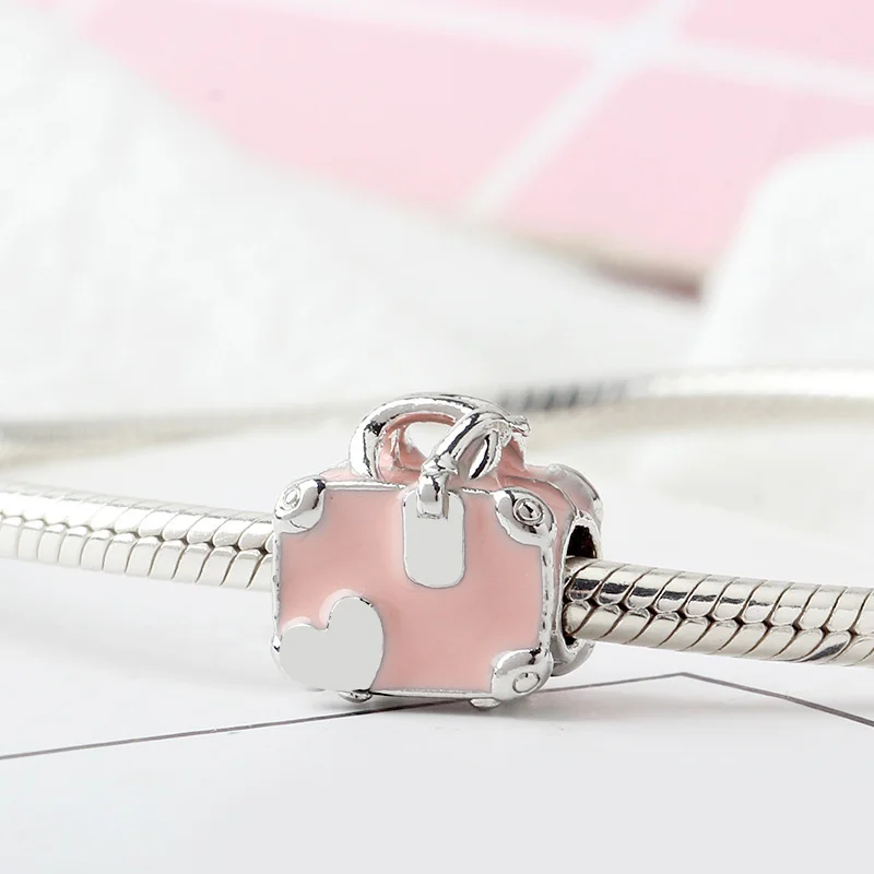 Pink Travel Bag Новинка, сплав, бусина для отдыха, путешествий, Рождества, Радужный Шарм, Подходит для Пандора, браслет, ожерелье, сделай сам, Женские Ювелирные изделия - Цвет: Pink Travel Bag