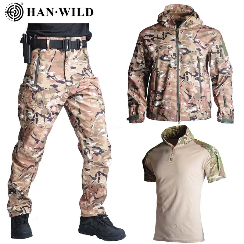 

HAN WILD Outdoor Soft Shell Suit Shark Skin Jacket Pants Shirt Military Uniform Set Tactical Suit Army Clothes Hiking Waterproof