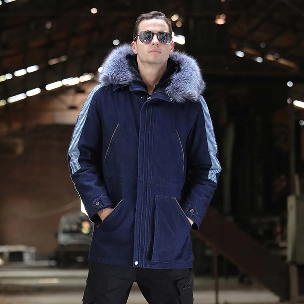 69191 Blue SANI камуфляжные меховые парки подкладка из кроличьего меха натуральная черно-бурая лиса мех с капюшоном натуральный мех одежда мужская зимняя теплая меховая куртка - Цвет: 69191 Blue