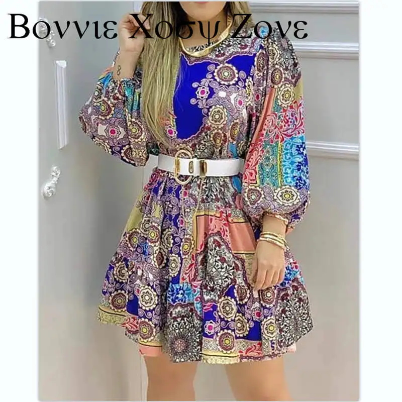 

Summer Women Floral Print Lantern Sleeve Dress Without Belt Long Sleeve A Line Chic Mini Dresses