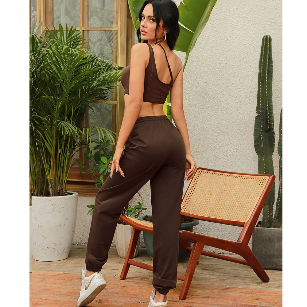 

Two Pieces Pants Suit Women Green Brow 2021 Summer New Sexy Strapless Oblique Shoulder Tube Vest Top Casual Trousers Sets Female