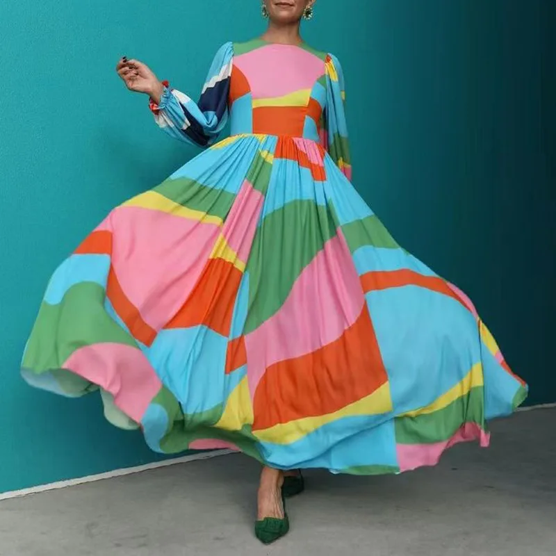 

Осень 2021, восхитительное женское платье с разноцветным принтом, Очаровательная уличная одежда, женские платья до пола с круглым вырезом и р...