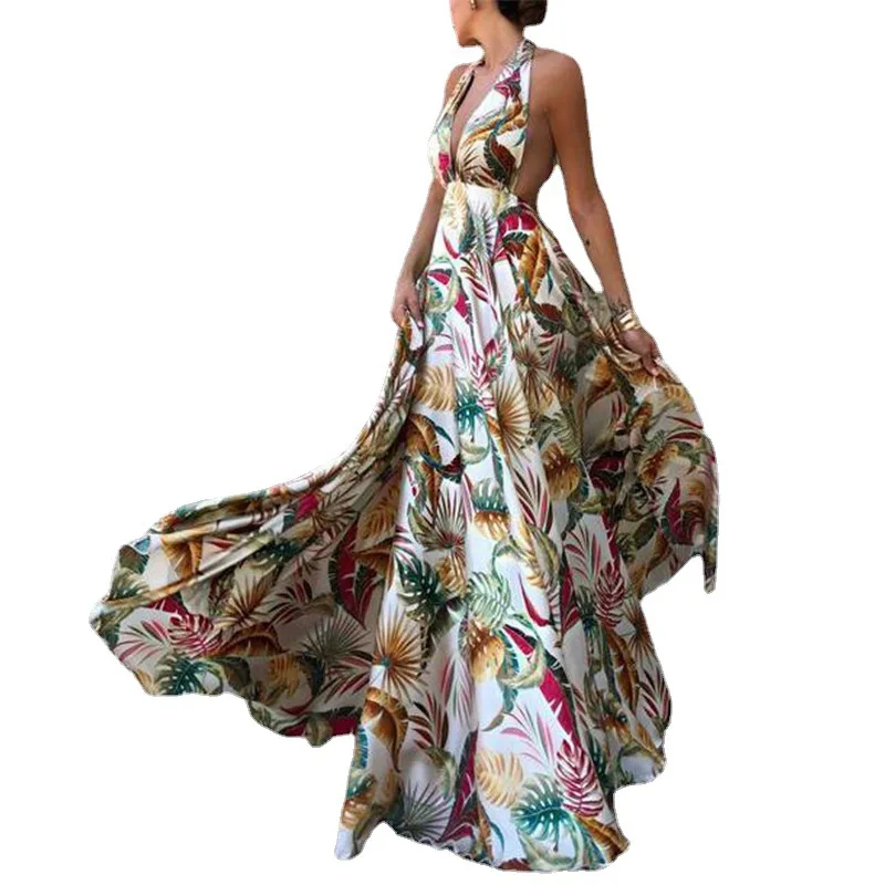 

Womens Clothing Summer Fashion Bohemia Style Floral Printing Sleeveless V-Neck Lacing Loose High Waist Sexy Beach Dresses 2021
