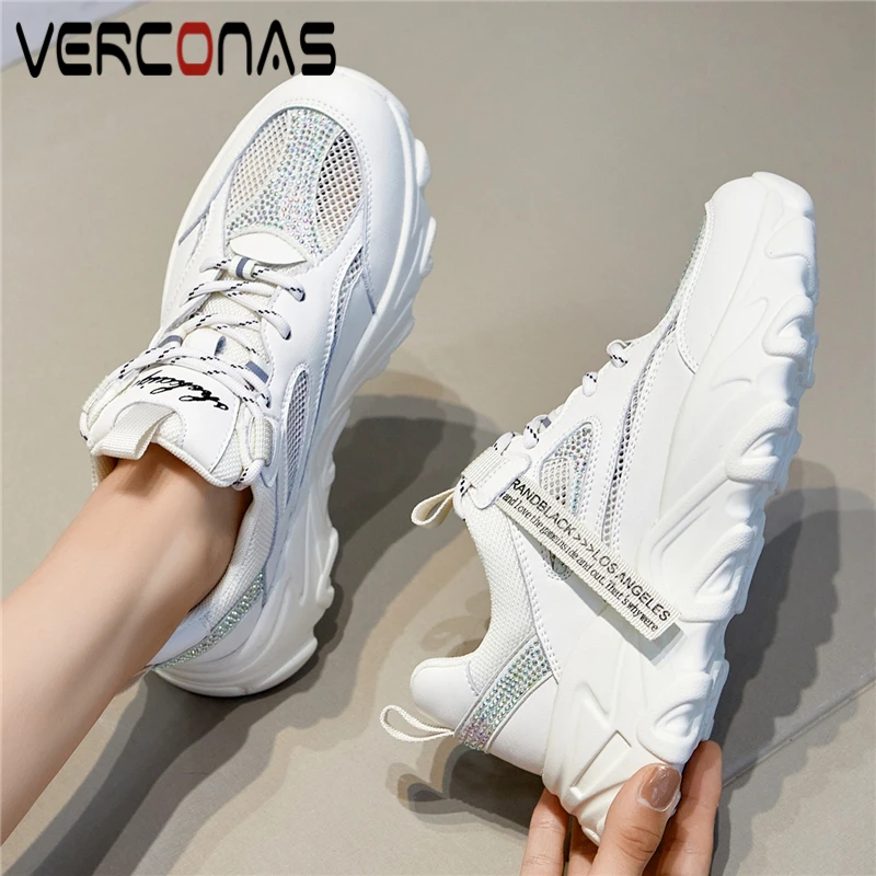 

VERCONAS 2021 Spring Summer Casual Outdoor Women Sneakers Lace-Up Flats Comfortable Breathable Mesh Genuine Leather Shoes Woman