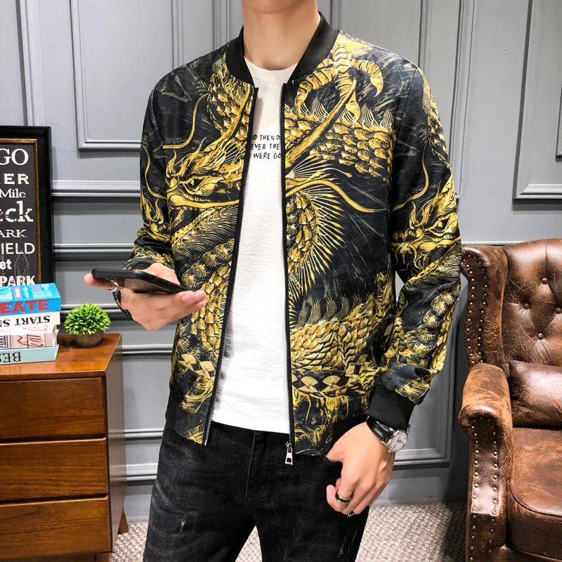 

Autumn New 3D Dragon Printing Jacket Streets Retro Hip Hop Men's Jacket Coat High Quality Long Sleeve Zip Jacket Bomber Coats