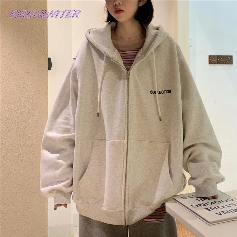 

Women Basic Hooded Jackets Letter Embroidery Loose Oversize Plus Velvet Thicker Coats Autumn Casual Outewear High Quality Tops