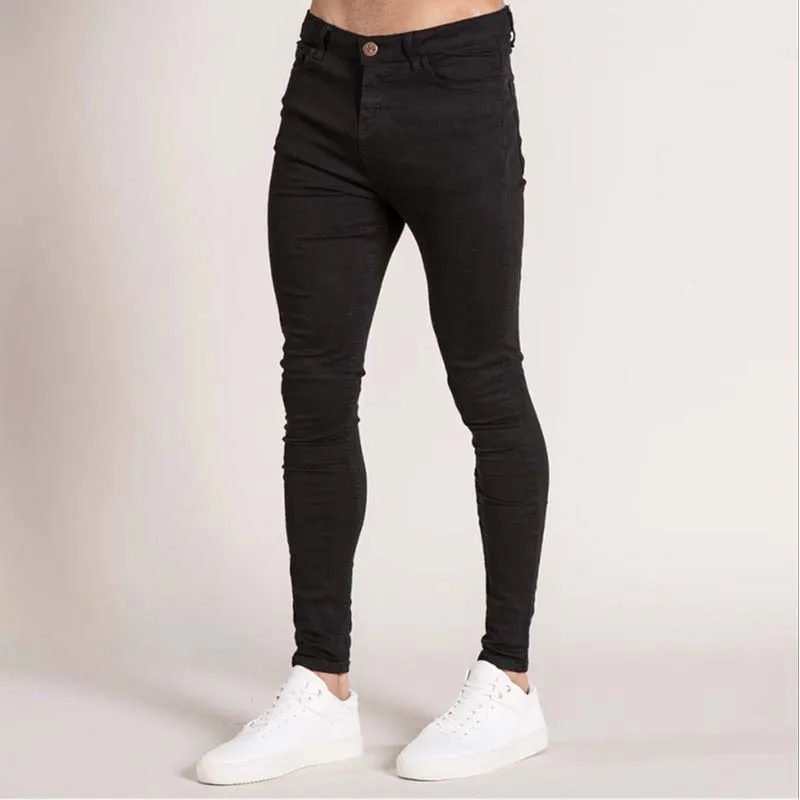 Blue Stretch Skinny Jeans Men Denim Pants Elastic Waist Zipper Fly Solid Color Trousers Harajuku Washed Hip Hop Black Jean | Мужская