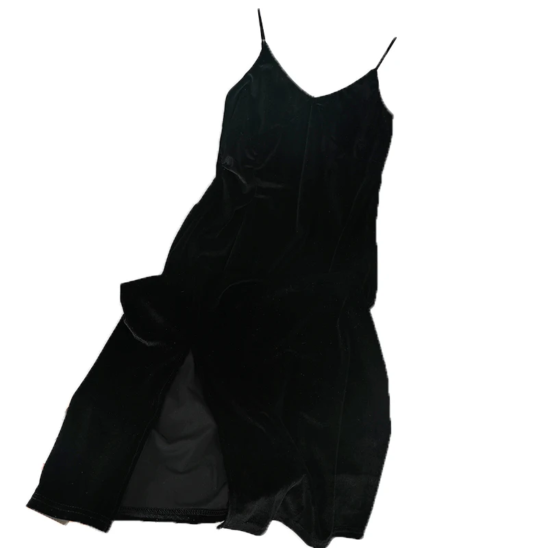 

ZAWAHIKI Korean Ins Fashion Spaghetti Strap Robe Femme Autumn Winter V Neck Sexy Split Fork Golden Velvet Dress Elegant Vestidos