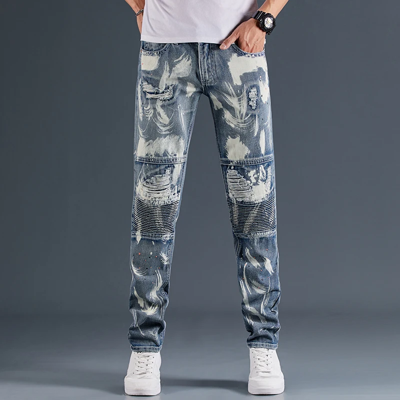 

Spring Autumn Men's Graffiti Biker Jeans Personality Streetwear HIP HOP Punk Stretch Trendy Holes Male Denim Trouers