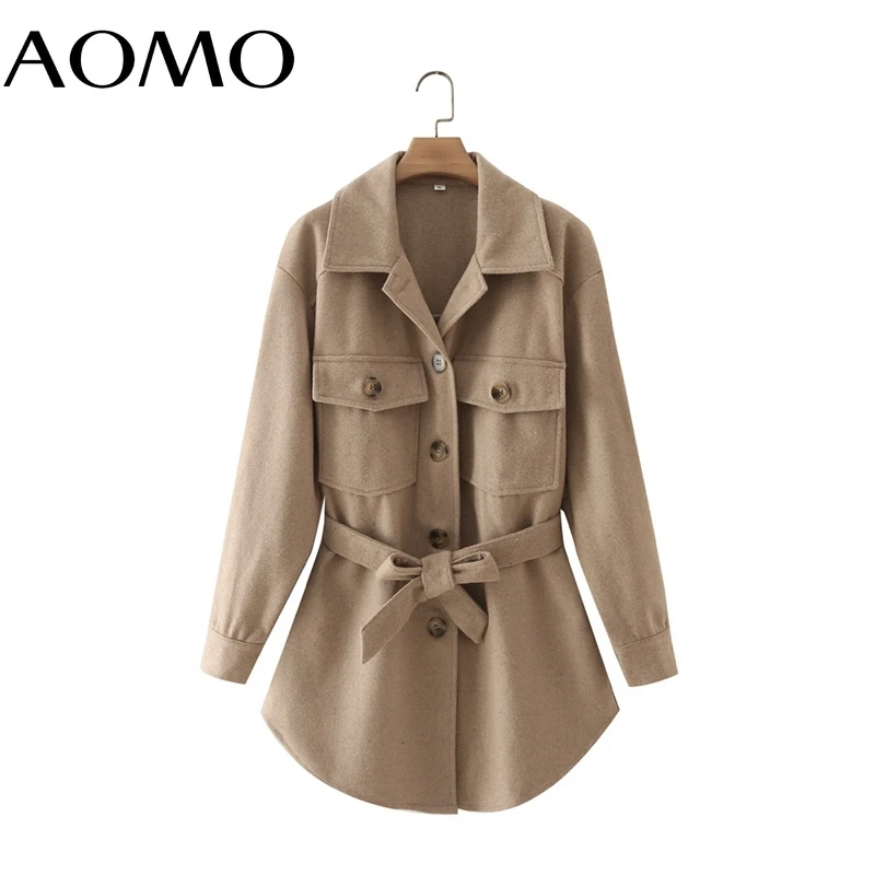 

AOMO Women Thick Woolen Coats Jacket With Slash Long Sleeves Pocket 2021 Ladies Elegant Autumn Winter Coat 2M250A