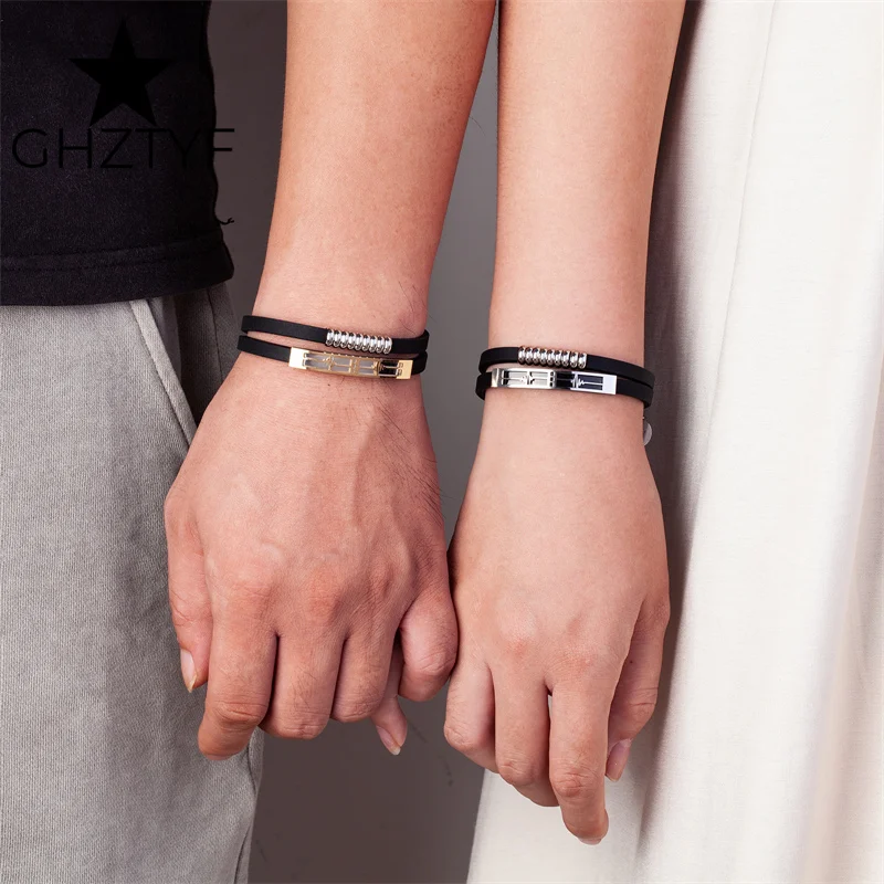

Romantic Couple Jewelry Love Heartbeat Charm Bracelets Relationship Matching Bangles for Girls Boys Steel Cuff Soft Rubber Belts