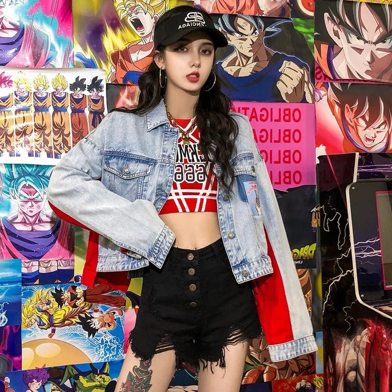 Женская джинсовая куртка DAYIFUN повседневная короткая красного и синего цвета с