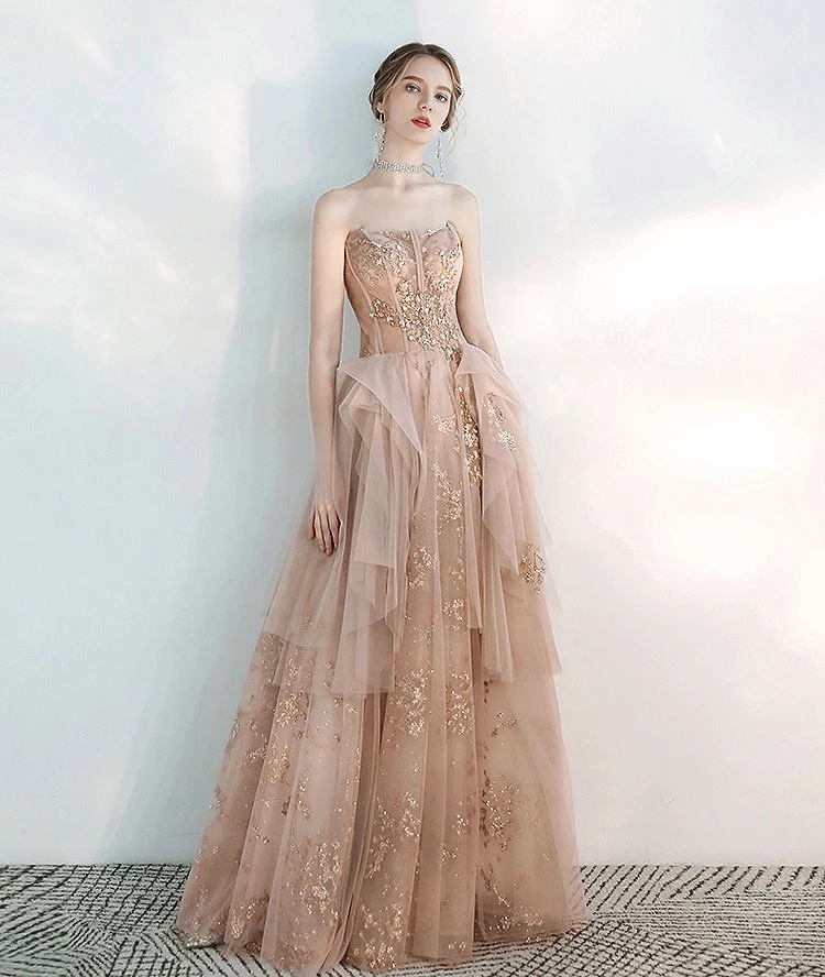 

Luxury Champagne Pink Evening Dresses Strapless Sequin Beads A Line Tulle Wedding Ceremony Party Graduation Prom Gowns Sexy 2022