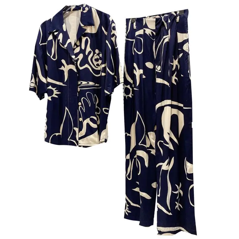 

Abstract Art Pattern Short Sleeve Shirt + Elastic Waist Wide Leg Pants Two Piece Set Women 2021 Summer New Set