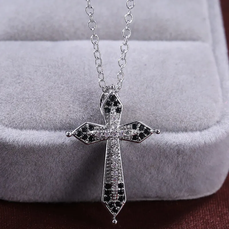 Huitan Classic Cross Pendant Female Necklace Jewelry with Black White CZ Zircon Stone Birthday Gift for Fashion Women Religious | Украшения