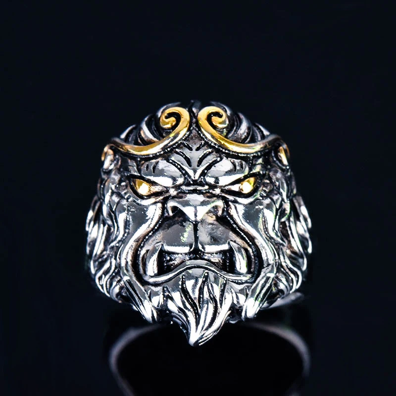 

New Thai Silver Black Ring, Retro 925 Thai Silver Monkey Head adjustable party ring