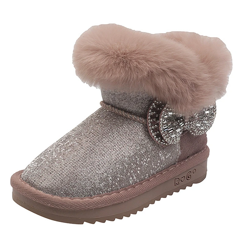 

13-18.5cm Bling Glett Kids Girls Snow Boots For Womon,Cute Butterfly-knot Fur Warm Plush Winter Shoes For Princess,Toddler Shoes