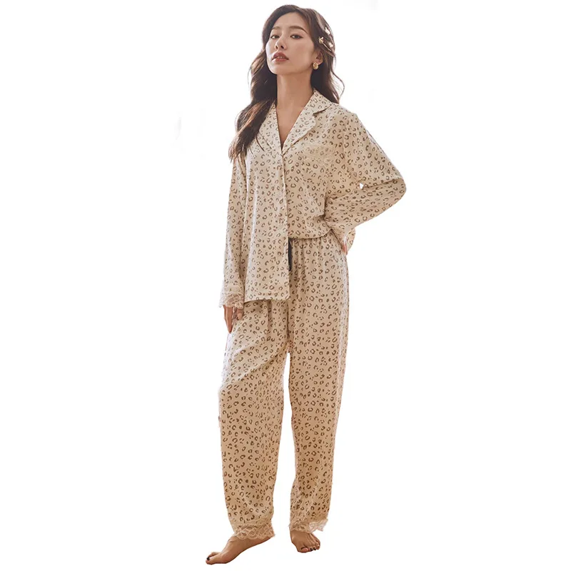 

Pajamas Women Summer Sleepwear 2PCS Nightwear Print Leopard Home Clothes PJS Set Lounge Wear Satin Lapel Intimate Lingerie