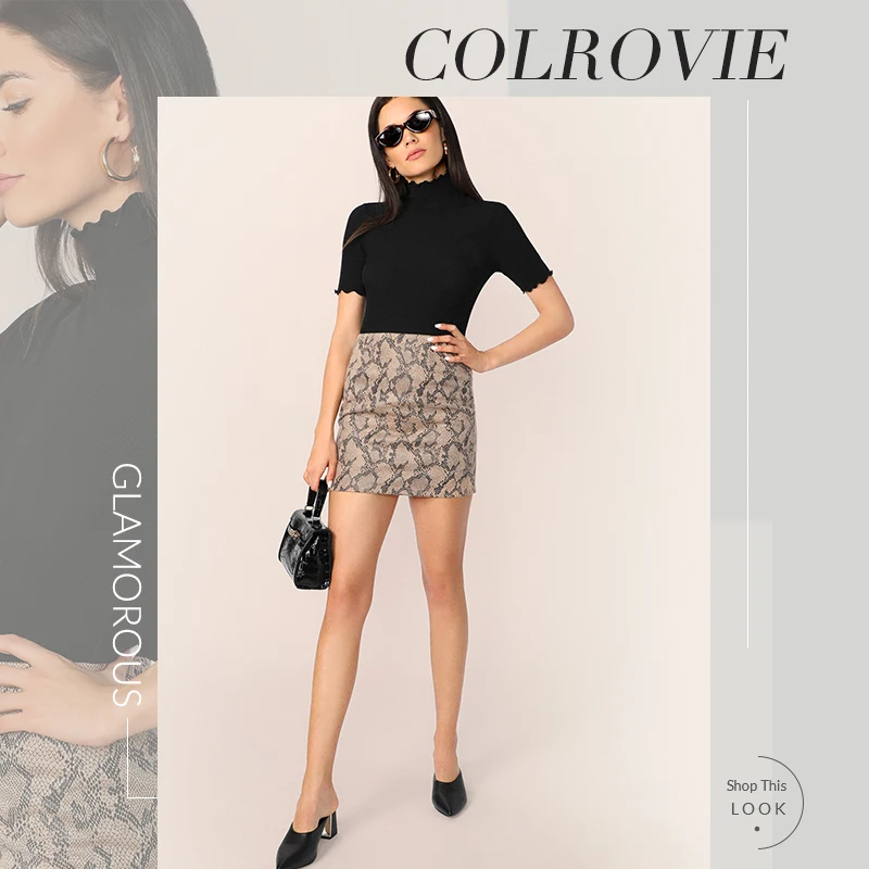 COLROVIE Lettuce Trim Form Fitted Rib-knit T-shirt Women Short Sleeve Casual Tops Female High Neck Elegant T-shirts