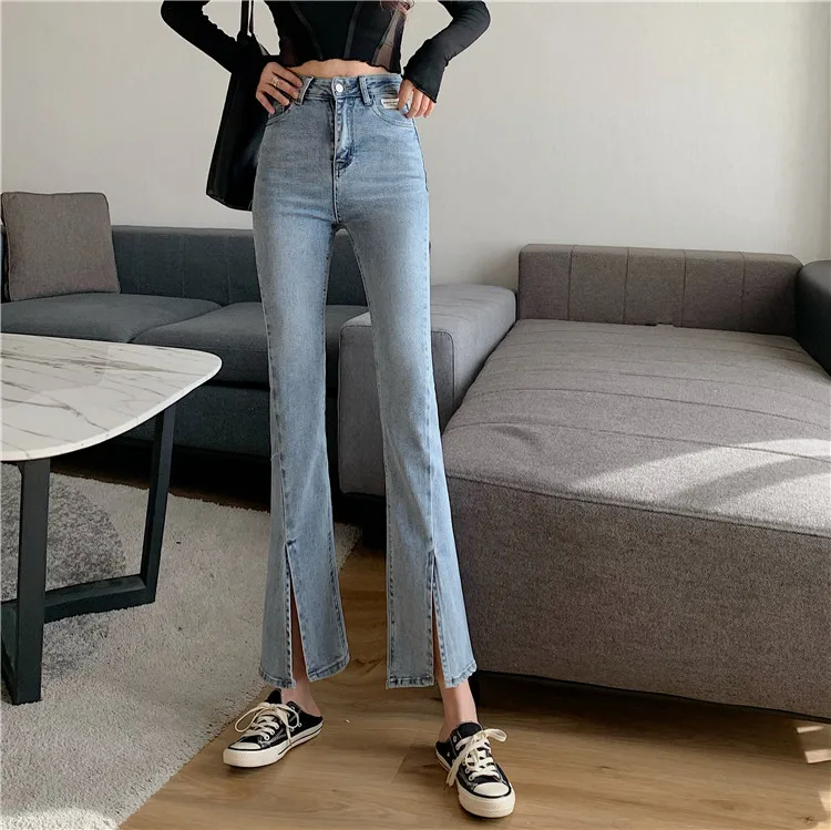 

Синей резинкой на талии, джинсы с разрезом для похудения универсальный высокое со штанами клеш штаны на резинке, Мода одежда