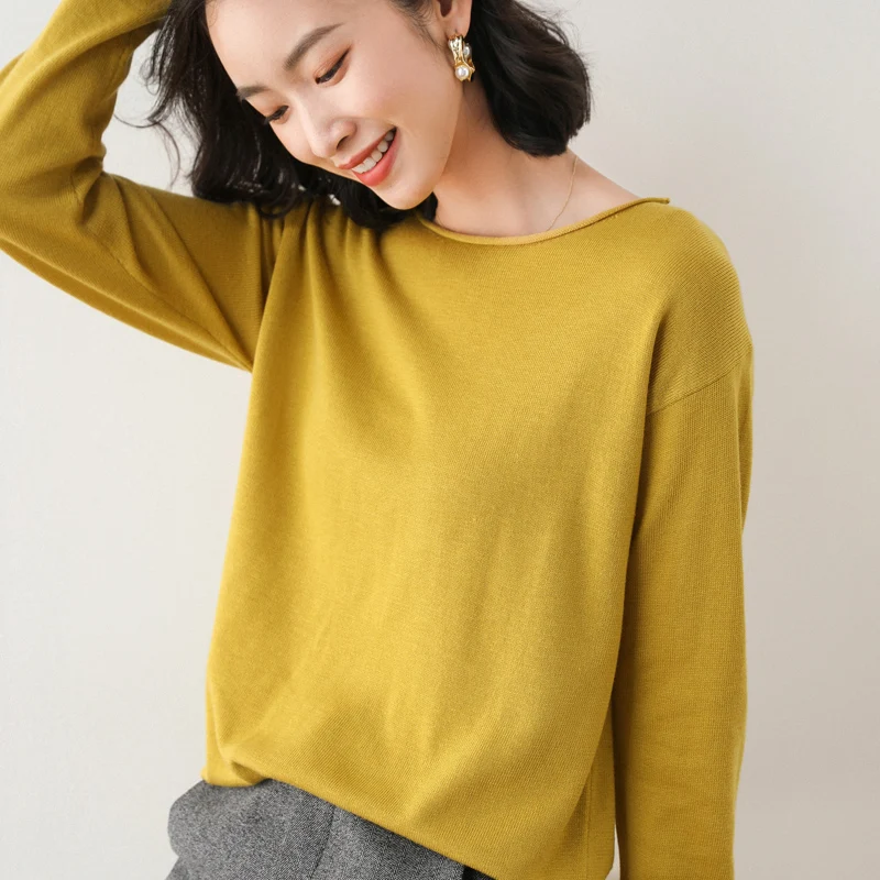 

Women's spring and autumn new curled round neck loose solid color Pullover elegant versatile women's thin bottomed soft shirt