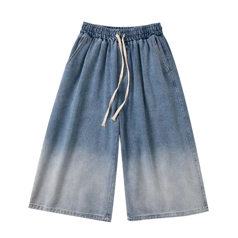 

Summer Gradient Jeans Shorts Male Calf Length Trousers Denim Elastic Waist Short Jean Mens Oversized Black/Blue S-2XL