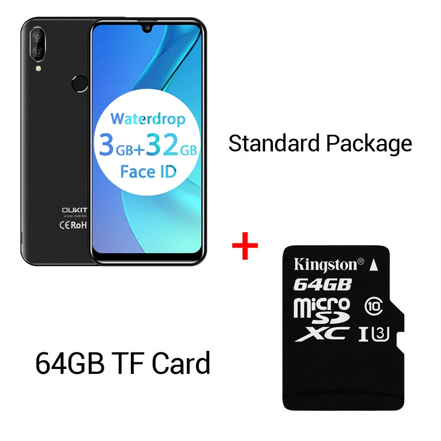 Black N 64GB Card OUKITEL C16 Pro 5,71 ''Android 9,0 19:9 MT6761P 3 ГБ 32 ГБ смартфон отпечаток пальца Лицо ID капля экран 5 В/1A 4G мобильный телефон - Цвет: Black N 64GB Card