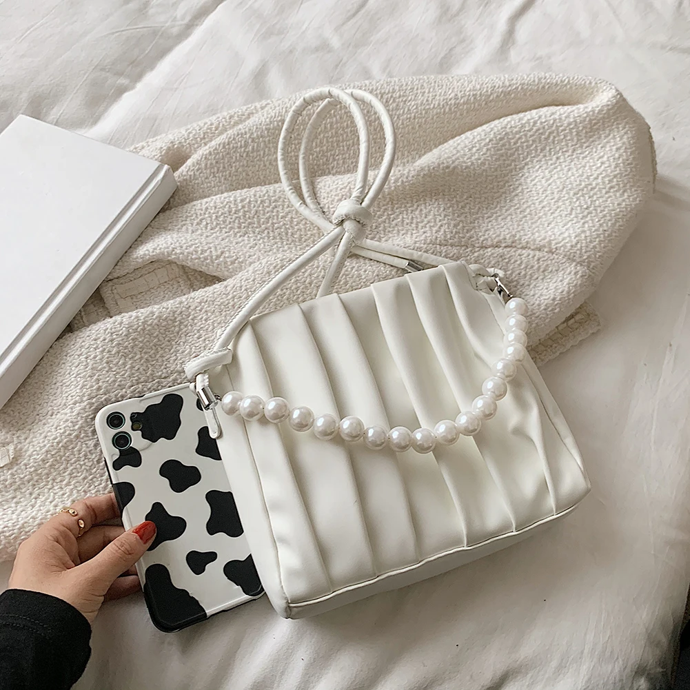 

Casual Pure Color Handbag Purse Fashion Women Pleated PU Leather Pearl Chain Shoulder Crossbody Messenger Bags