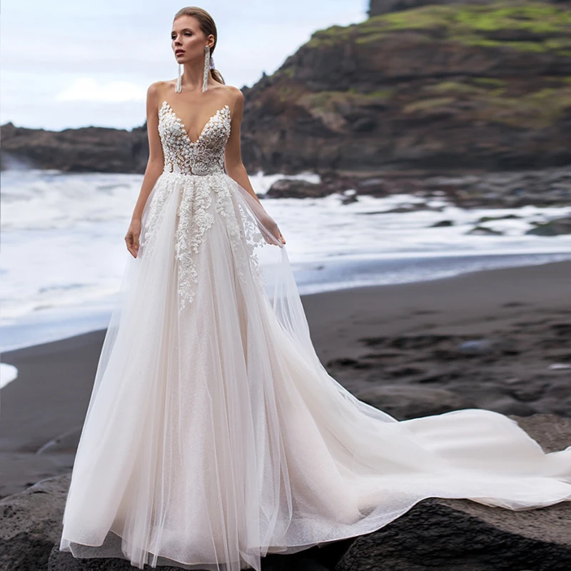 

Chic Bridal Robe 2021 Sexy See Through Beach Wedding Dress Lace Bodice Vestidos De Novia Princess Bridal Gowns