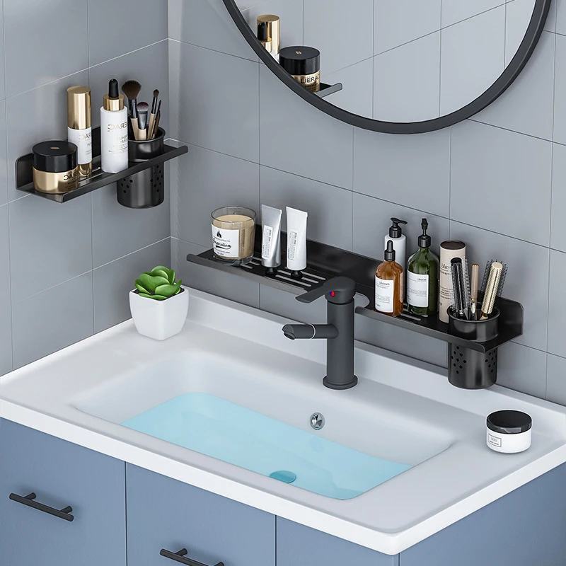 

Wall Mounted Bathroom Shelf Punch Free Mirror Front Storage Shelf Multifunctional Drainable Shower Shelves Bathroom Accessories
