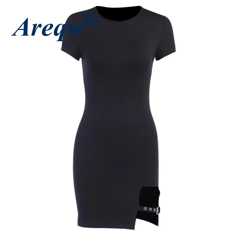 

2021 Sexy Slim Hollow Belt Buckle Dress Round Neck Split Hip Skirt