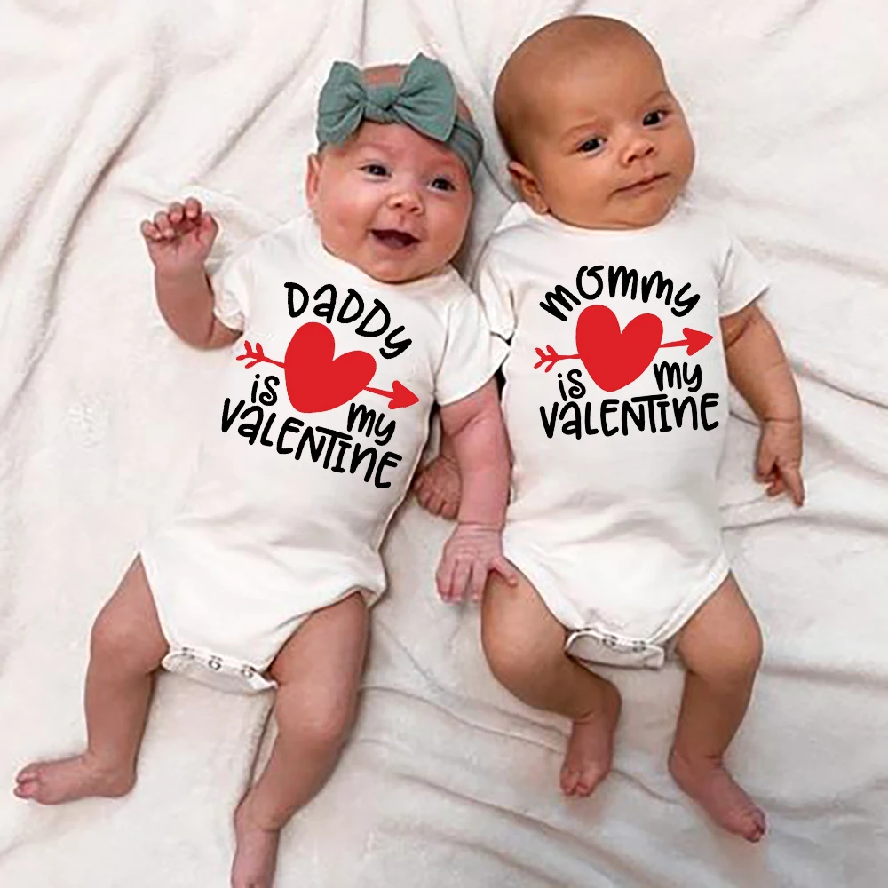

Daddy Mommy Is My Valentine Twins Baby Bodysuit Newborn Boys Girls Summer Short Sleeve Romper Valentine's Day Best Present