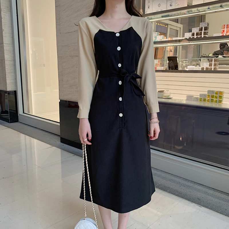 Черные Базовые платья Длинная Женская Весенняя базовая одежда лоскутное