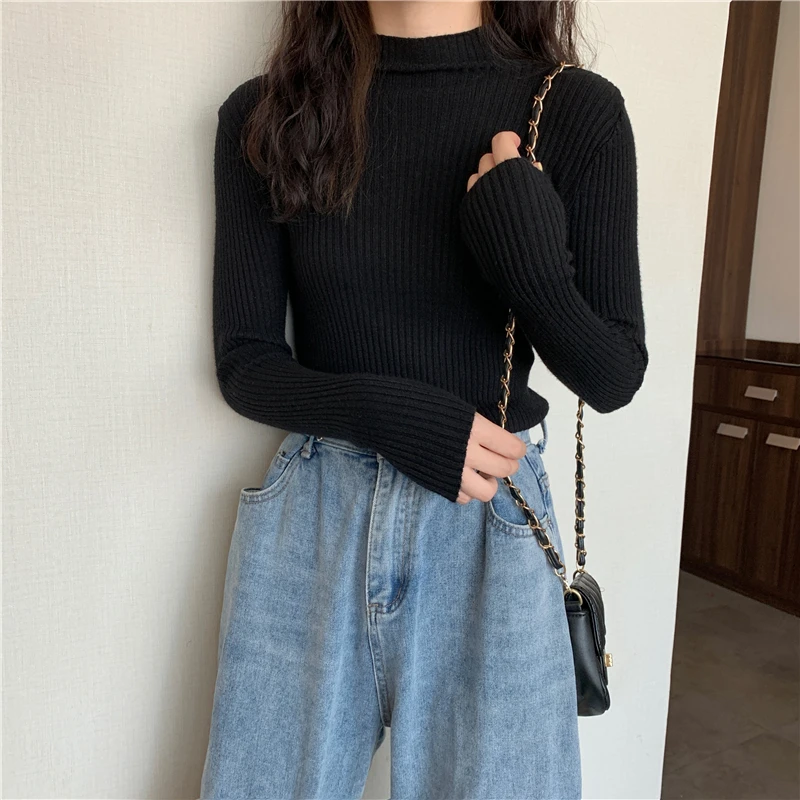 

zjaiss Pullover Ribbed Knitted Sweater Autumn Winter Clothes Women 2021 High Neck Long Sleeve Slim Basic Woman Sweaters Tops