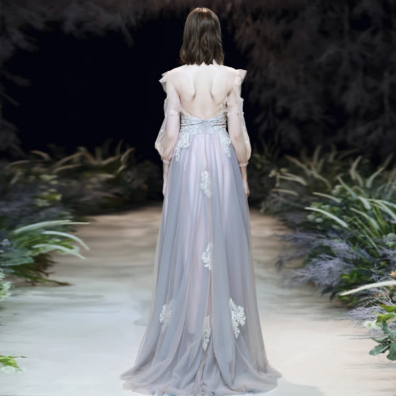 Женское вечернее платье со шлейфом SSYFashion романтическое бальное с кружевными