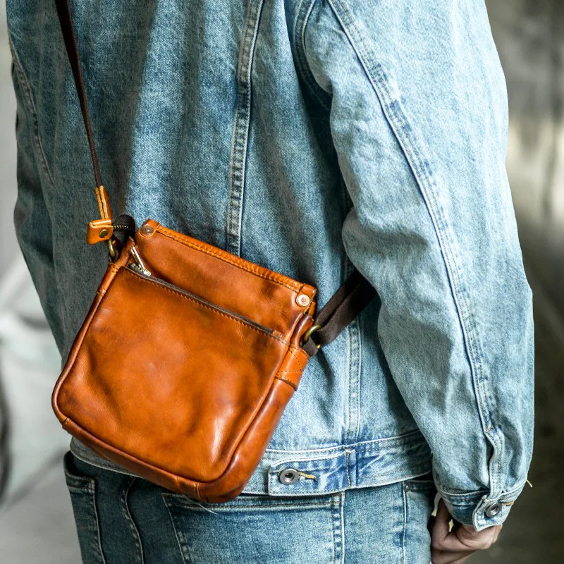 Retro fashion luxury natural genuine leather men small messenger bag casual daily outdoor cowhide Cell phone shoulder bag