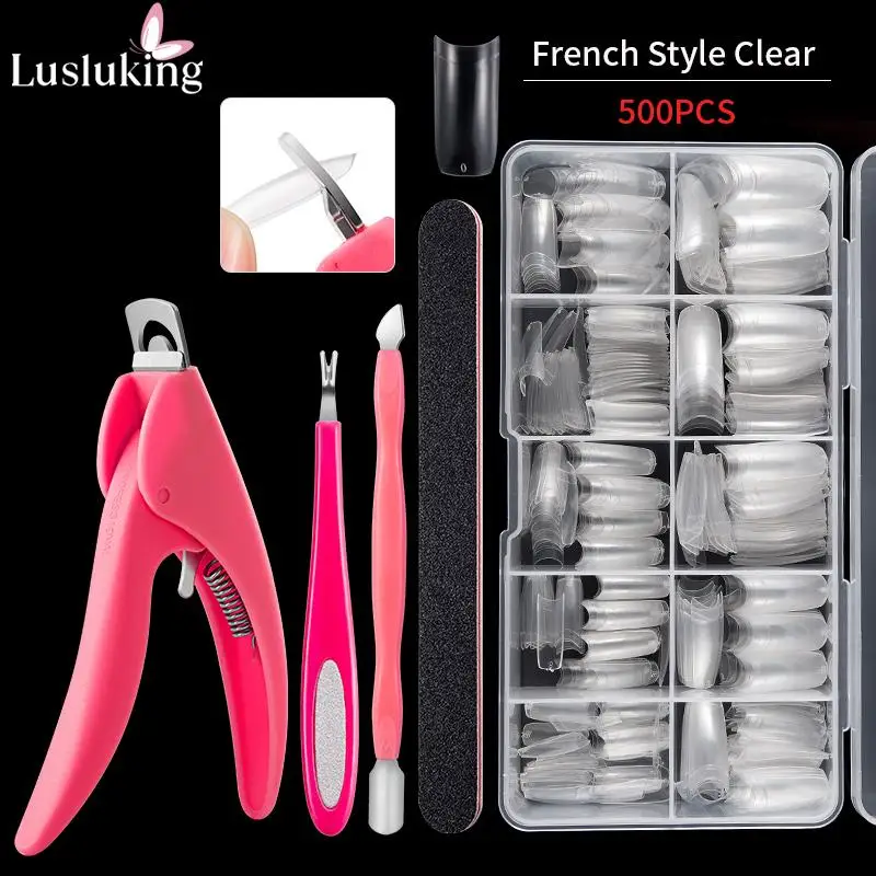 Nail Art Set Of Tips White Half Cover French Nail Sticker Jelly Glue File Acrylic Gel Uv Manicure Decoration Line Nail Set Tools