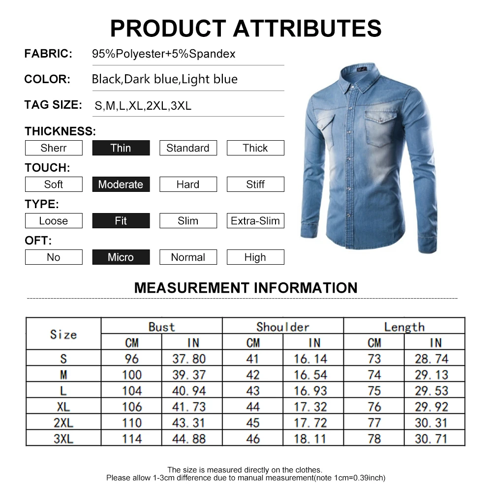 Casual Men Denim Shirts Slim Fit Long Sleeved Shirt Fashion Spring Autumn Single Breasted Cotton Pockets Elastic Denim Shirts