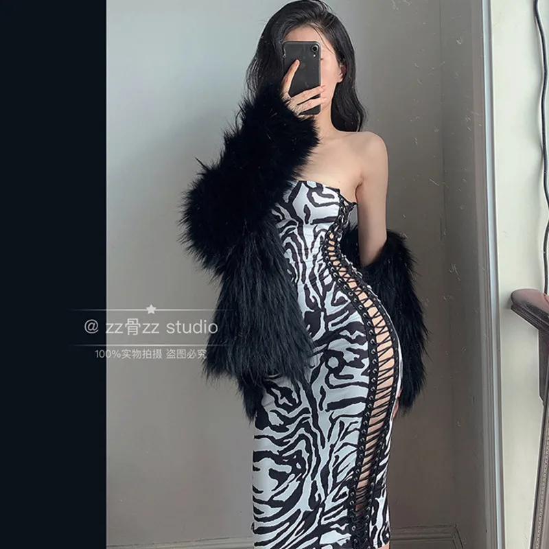 

Zebra Stripes Sexy Spice Girl Hollow Out Bandage Slash Neck Maxi Long Party Leopard Dress Elegant Pencil Robe Autumn Winter L5LT