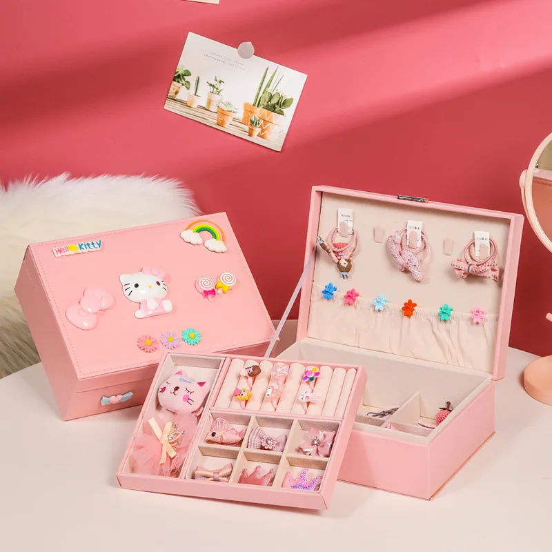 

Pink Portable Jewelry Box with Lock, Princess Dress Up Baby Head Rope Hair Tie Hairpin Set, Girl Hair Accessories Storage Box