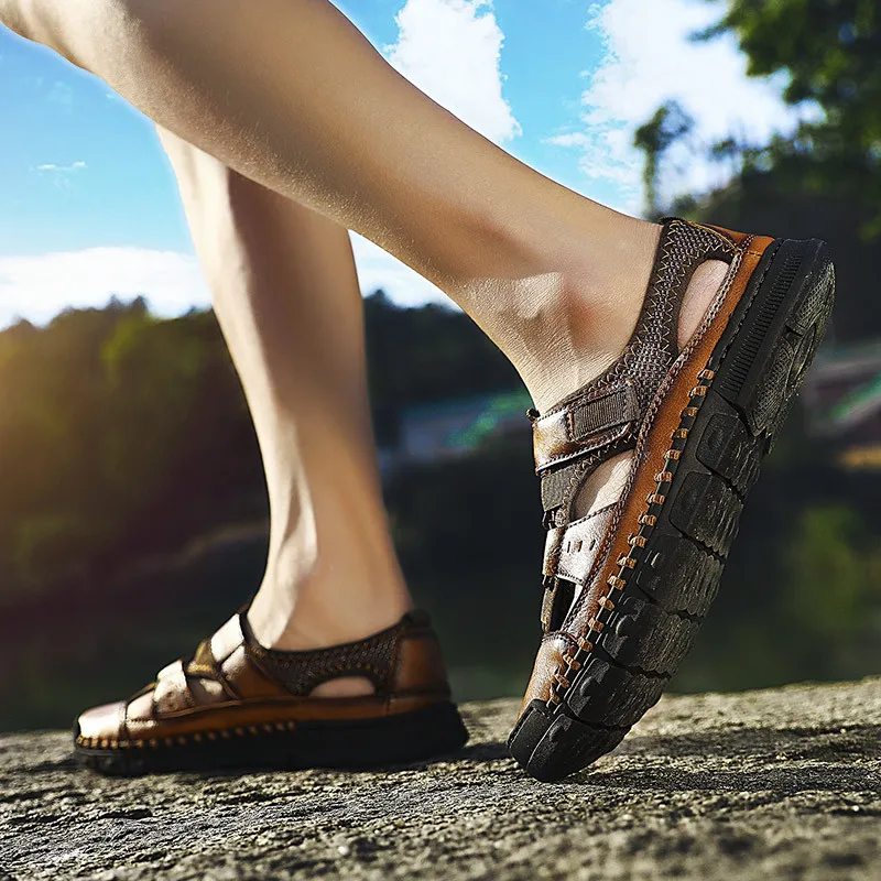 Сандалии мужские из натуральной кожи Повседневная пляжная обувь мягкая подошва