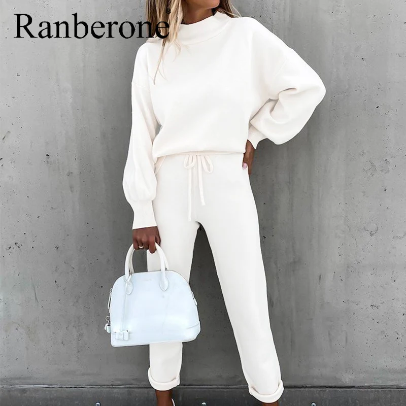 Ranberone 2 Pieces Set Sport Suit Female Solid Lantern Sleeve Top + Drawstring Pockets Design Pants Fitness Women's Tracksuit