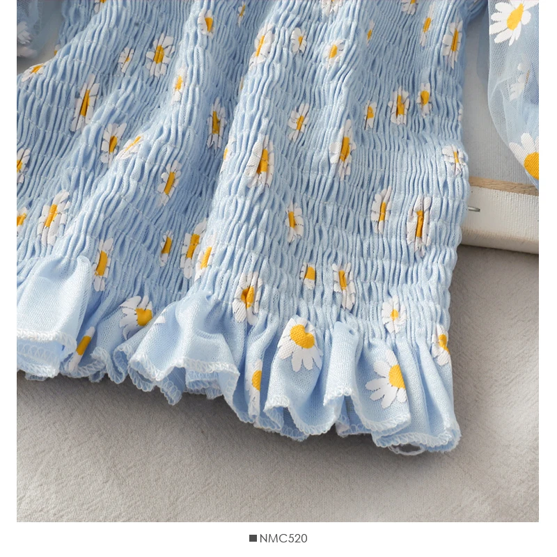 

2021 New Sweet Floral Women Blouses Summer Off Shoulder Puff Sleeve Short Shirt Women's Daisy Mesh Patchwork Crop Tops Feminine