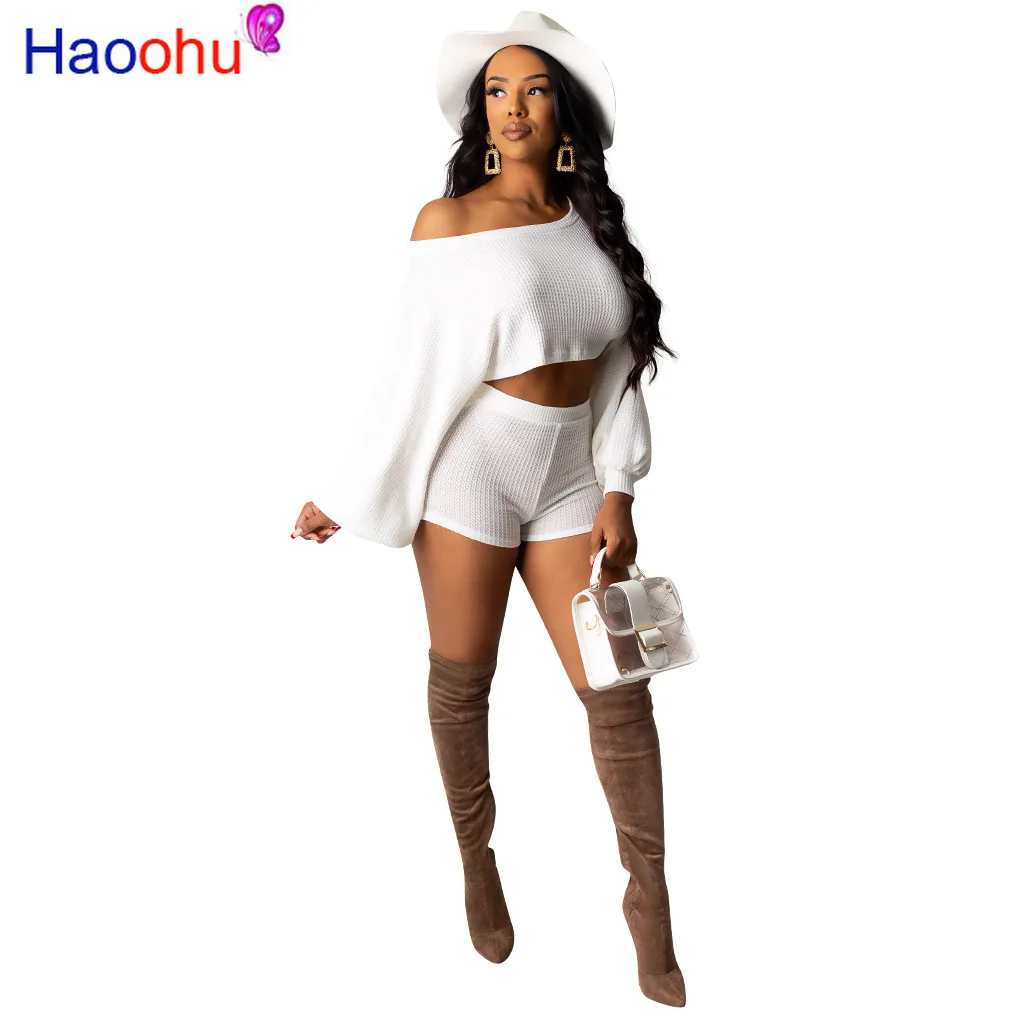 

Fall Winter 2 Piece Shorts Set for Women Cold Shoulder Batwing Sleeve Oversized Crop Tops + Short Pants Solid Causal Sweat Suits
