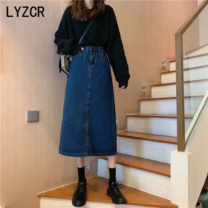 Женская джинсовая юбка LYZCR черная длинная винтажная средней длины с высокой