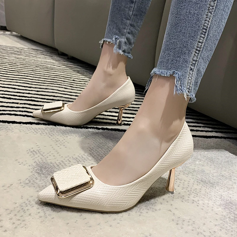 

Rimocy Beige Pointed Toe Shallow Stiletto Heel Pumps Women Elegant Buckle Wedding Party Shoes Woman Thin Heels Zapatos De Mujer