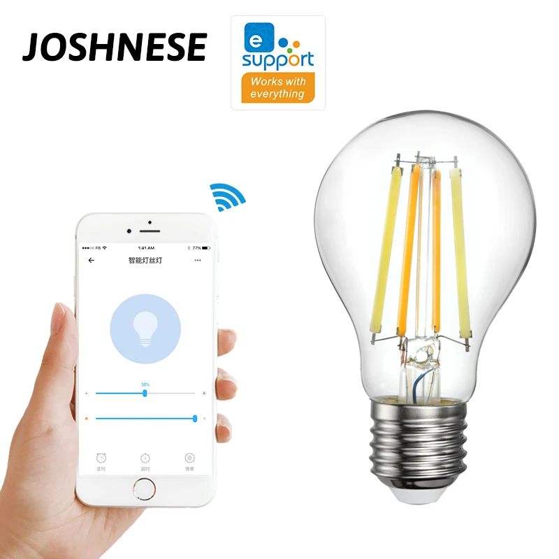 1PC JOSHNESE 220V WiFi Smart Filament Bulb eWeLink APP Remote Control 2700-6500K Dual-color Bulb E27 7.5W Dimmable Bulb