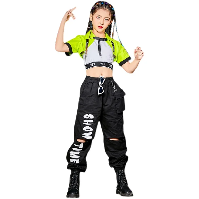 

2021 New Ballroom Hip Hop Dance Costumes For Girls Short Sleeve Top Loose Pants Jazz Performance Costumes Rave Clothes DN7888