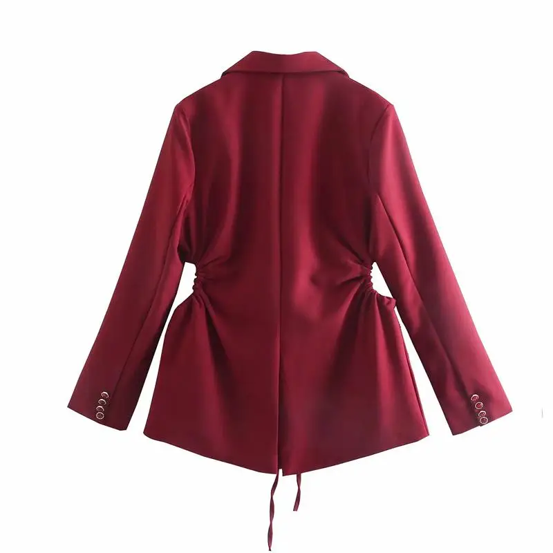

ZA Women Blazer Bandage Jacket 2021 Solid Hollow Out Coat Notched Vintage Long Sleeve Pockets Female Outerwear OL Chic Tops